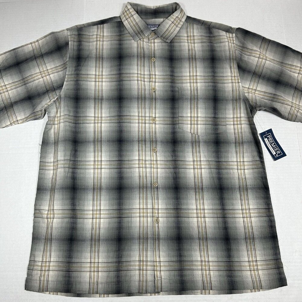NWT Premier International Men Button Down Shirt Tan Gray Plaid Short Sleeve Sz L